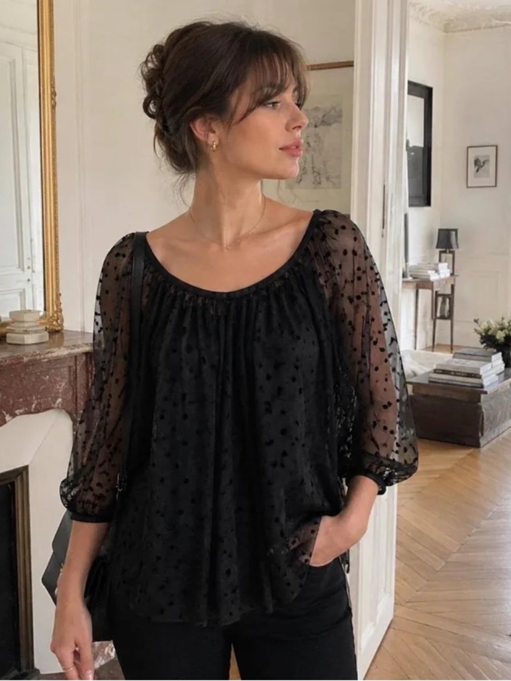NWT CACHE Sheer Polka Dot Black Women's Layering Blouse